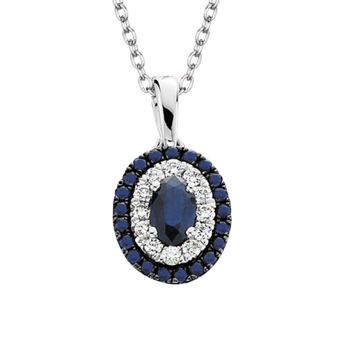 10KT White Gold Oval Sapphire with Diamond and Sapphire Halo Necklace