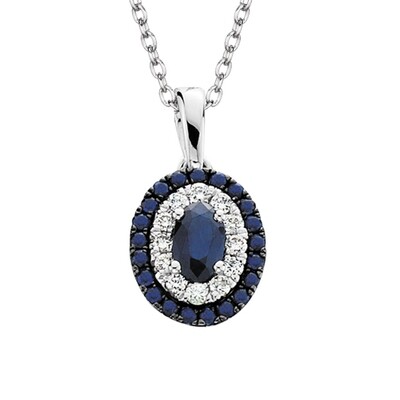 10KT White Gold Oval Sapphire with Diamond and Sapphire Halo Necklace