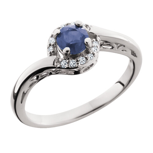 10KT White Gold Round Sapphire and Diamond Swirl Ring