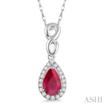 10KT White Gold Pear Ruby and Diamond Halo Necklace