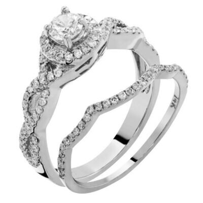 14KT White Gold Brilliant Diamond Halo Woven Wed Set