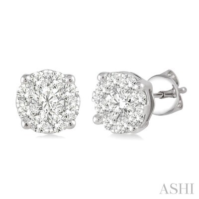 14KT White Gold 1CTW Lovebright Diamond Cluster Stud Earrings