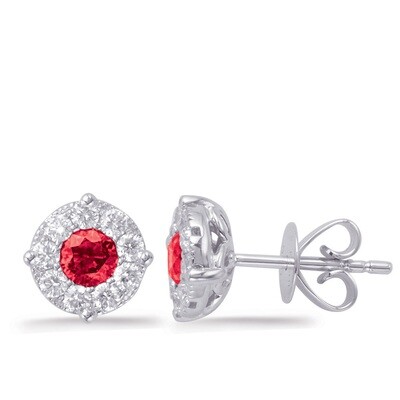 14KT White Gold Round Ruby and Diamond Halo Stud Earrings
