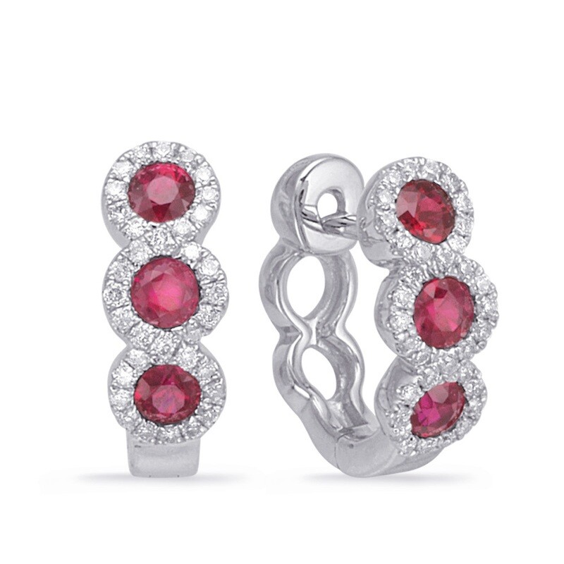 14KT White Gold Round Rubies and Diamond Halos Huggie Hoop Earrings