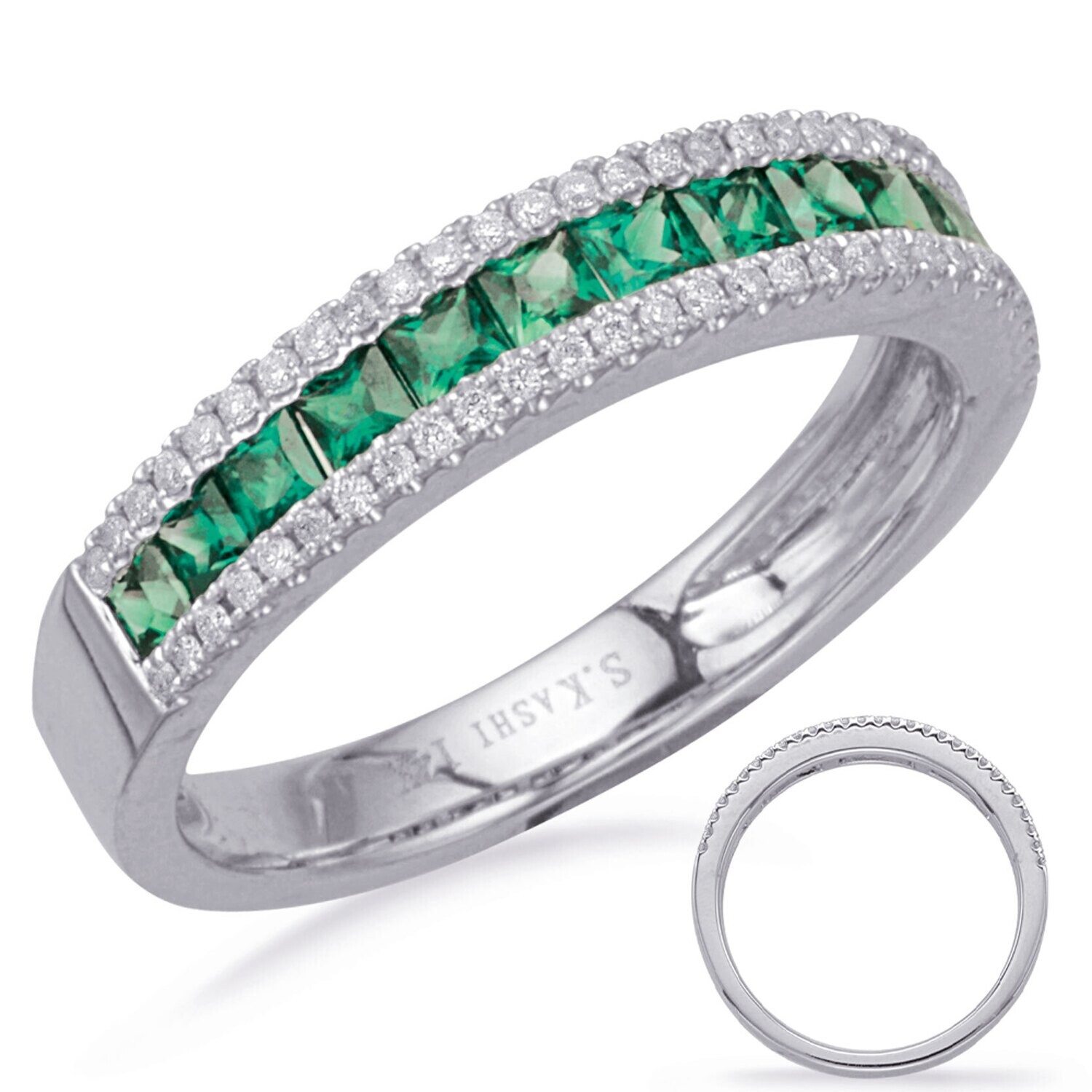 14KT White Gold Princess Emerald and Diamond Band