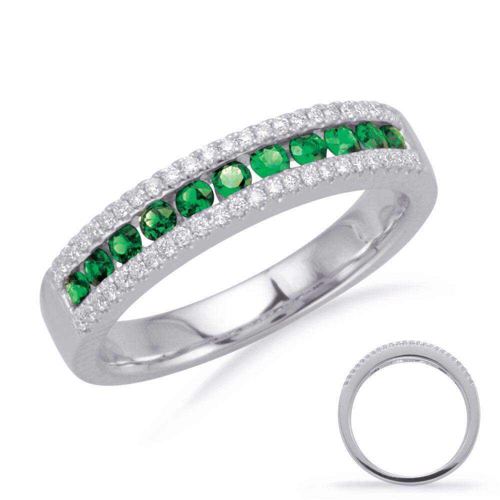 14KT White Gold Round Emerald and Diamond Band