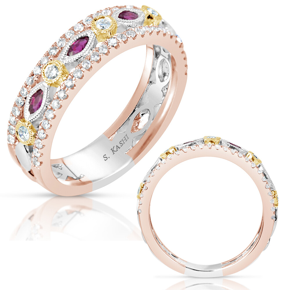 14KT TriColor Ruby and Diamond Ring