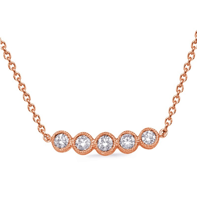 14KT Rose Gold Five Diamond Milgrain Bar Necklace