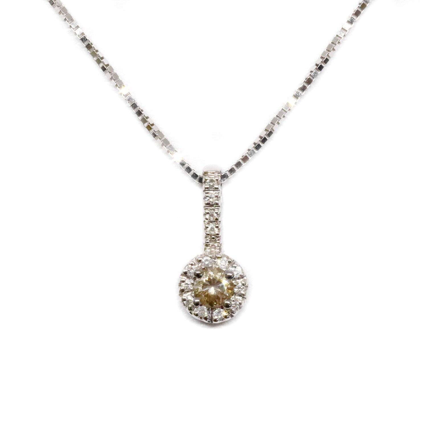14KT White Gold Round Chocolate Diamond and Halo Necklace