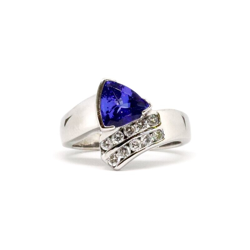 14KT White Gold Trillion Tanzanite and Diamond Ring