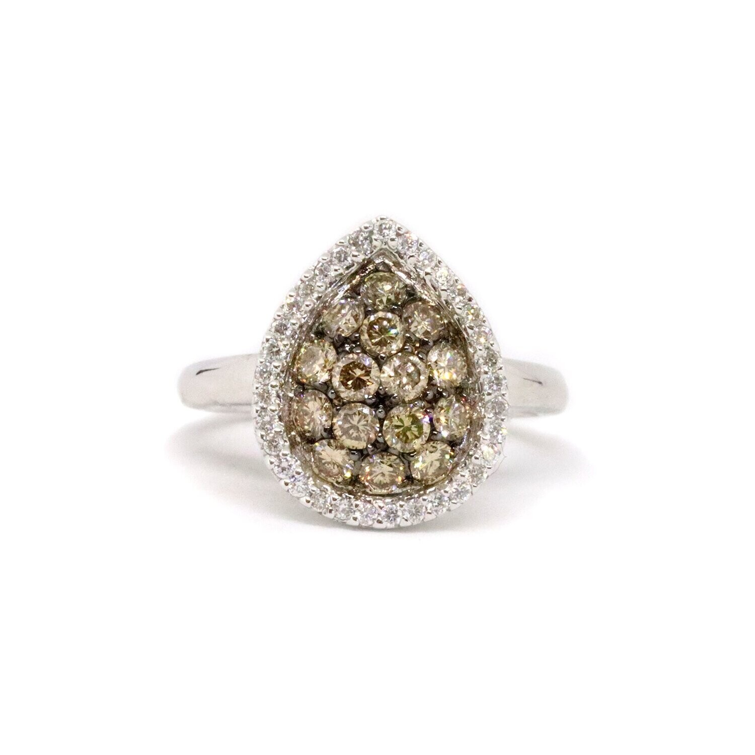 14KT White Gold Chocolate Pear Cluster and White Diamond Halo Ring