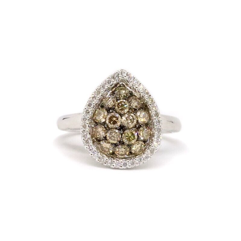14KT White Gold Chocolate Pear Cluster and White Diamond Halo Ring