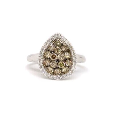 14KT White Gold Chocolate Pear Cluster and White Diamond Halo Ring