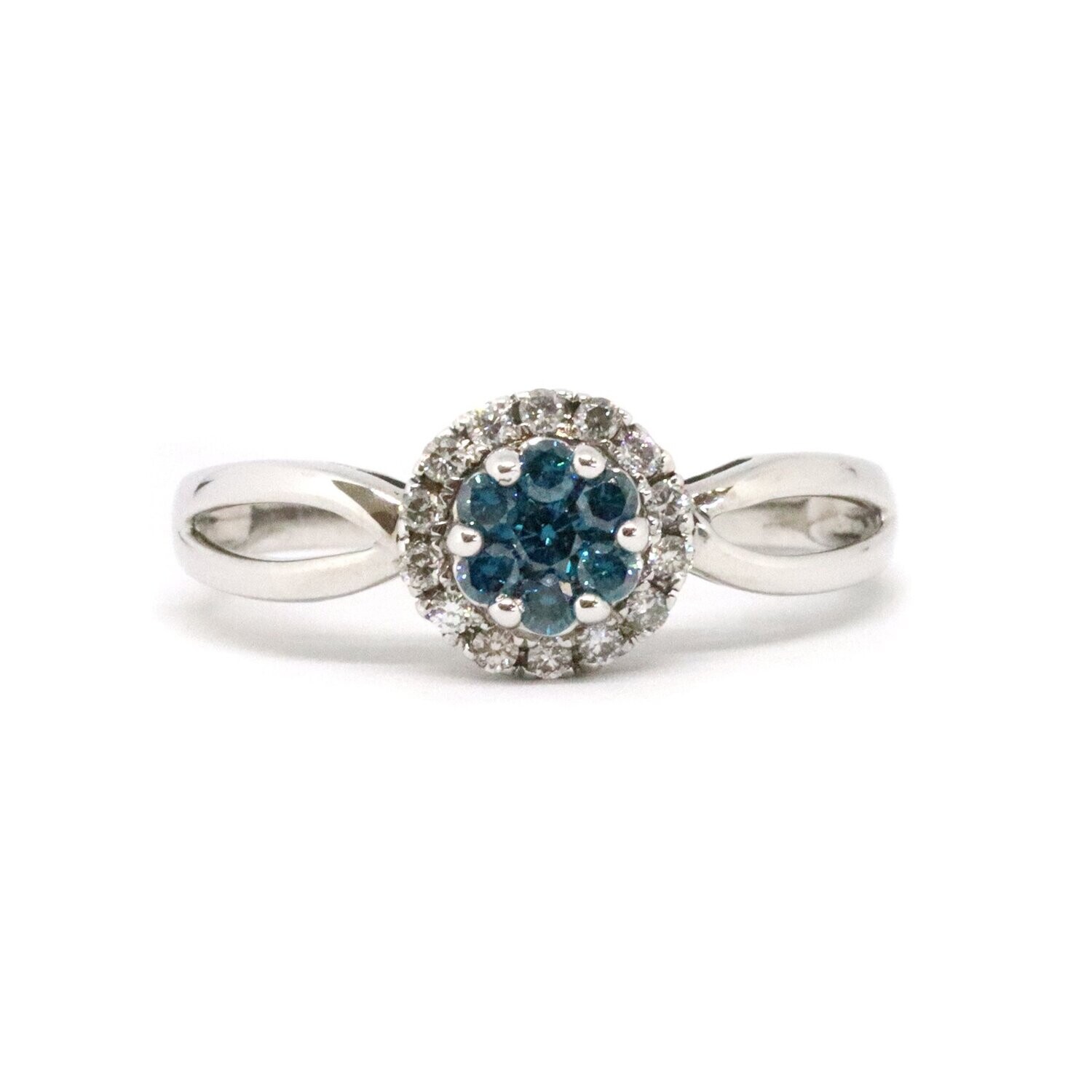 14KT White Gold Blue Diamond Cluster and White Diamond Halo Ring