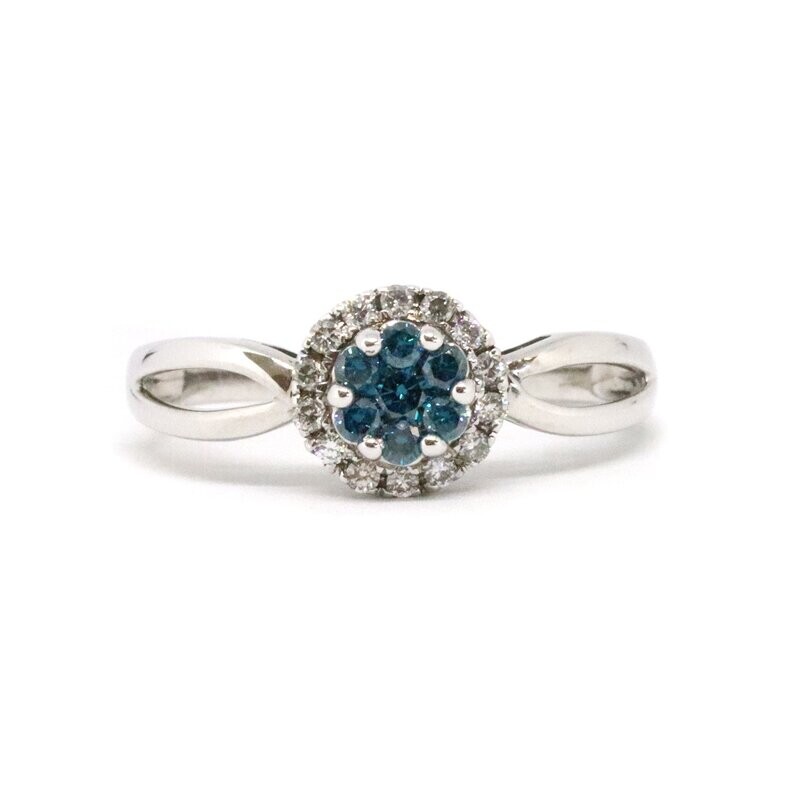 14KT White Gold Blue Diamond Cluster and White Diamond Halo Ring