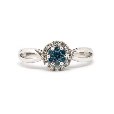 14KT White Gold Blue Diamond Cluster and White Diamond Halo Ring