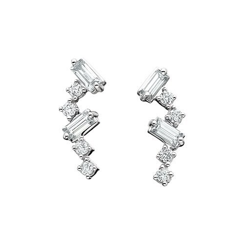 14KT White Gold Round and Baguette Diamond Stud Earrings