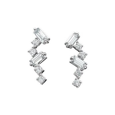 14KT White Gold Round and Baguette Diamond Stud Earrings