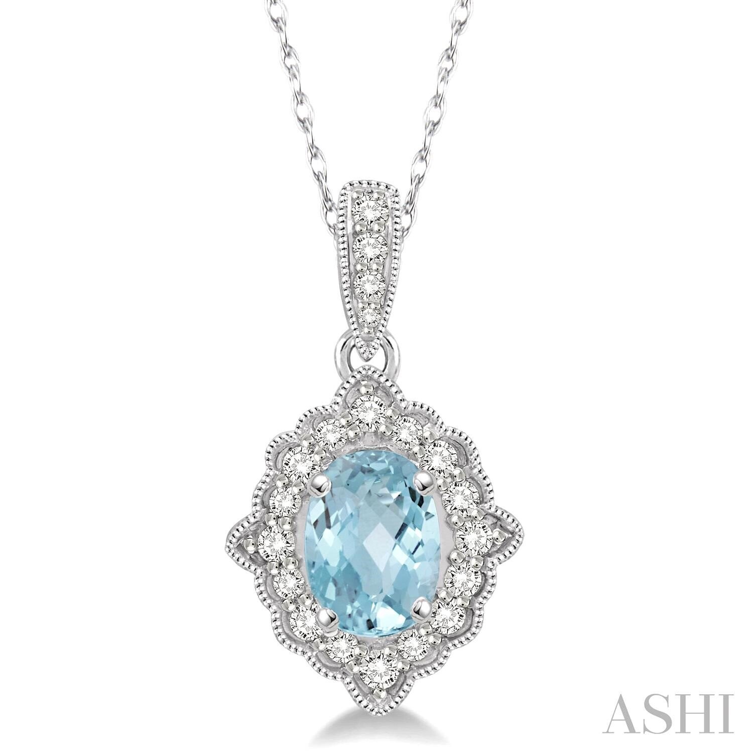 10KT White Gold Oval Aquamarine Diamond Halo Necklace