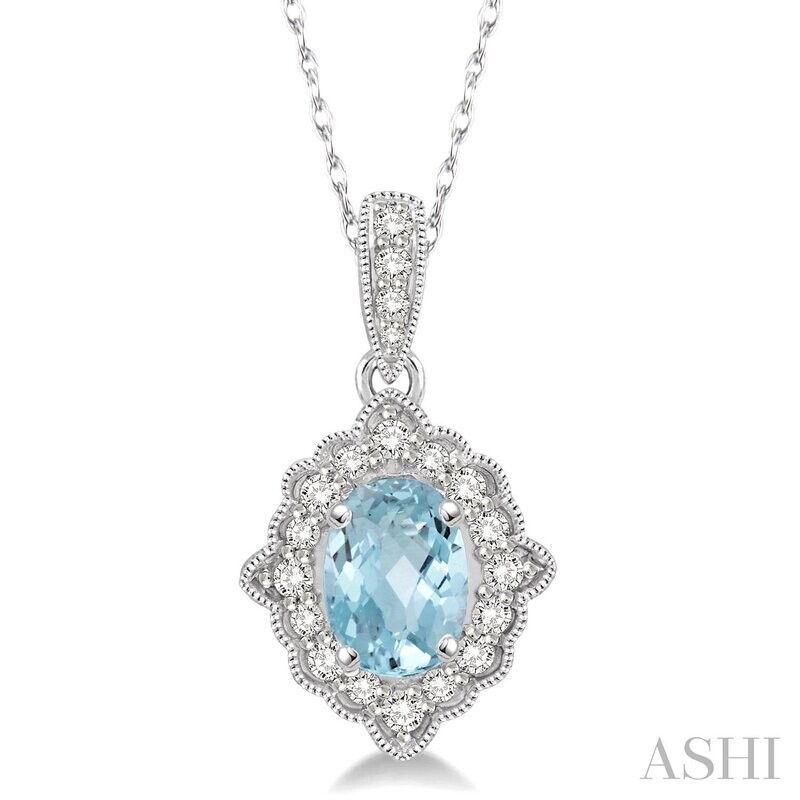 10KT White Gold Oval Aquamarine Diamond Halo Necklace