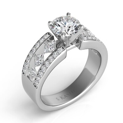 14KT White Gold Princess and Round Diamond Engagement Semi Mount Ring
