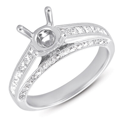 14KT White Gold Channel Princess and Round Diamond Engagement Semi Mount Ring