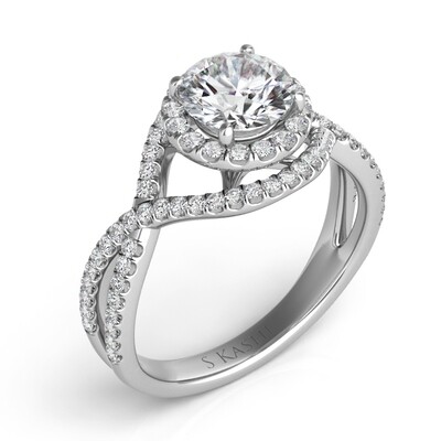 14KT White Gold Woven Diamond and Halo Engagement Semi Mount Ring