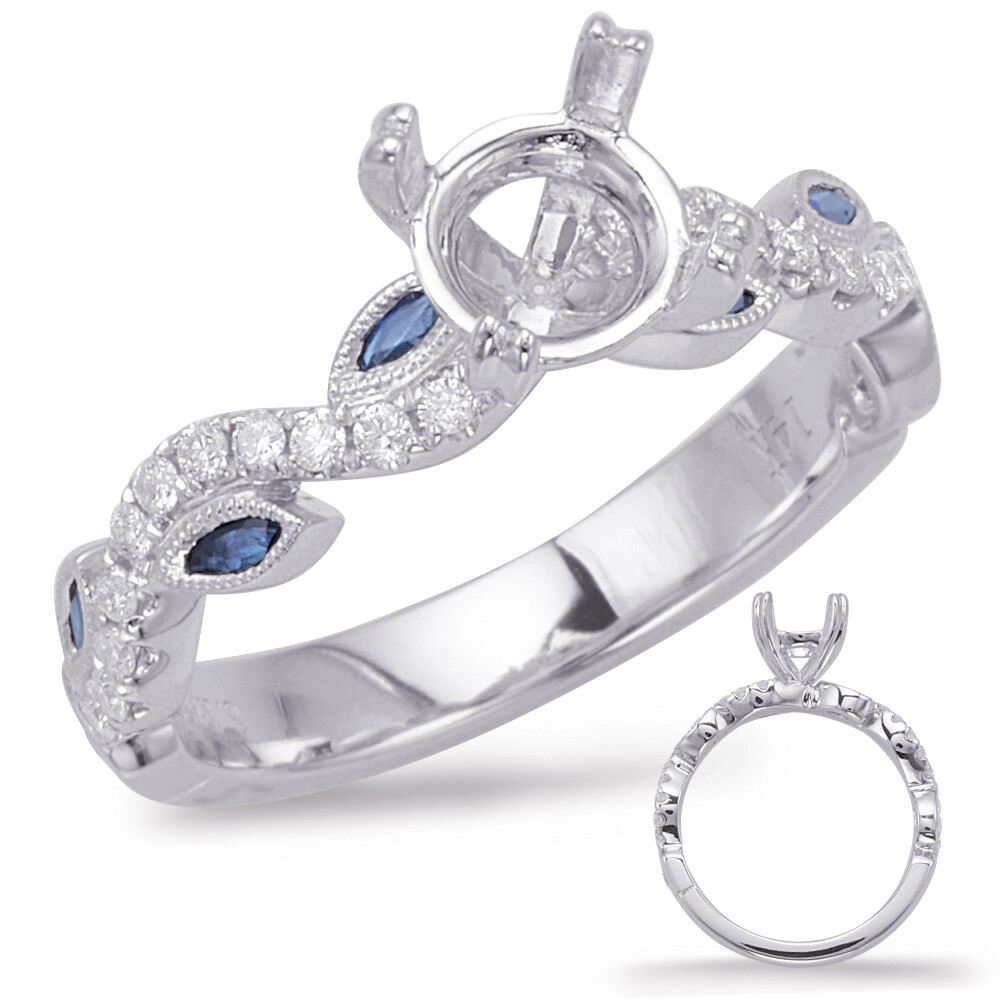 14KT White Gold Marquise Sapphire and Round Diamond Floral Engagement Semi Mount Ring