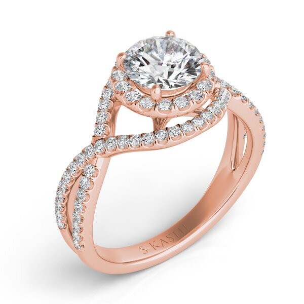 14KT Rose Gold Halo and Woven Diamond Engagement Semi Mount Ring