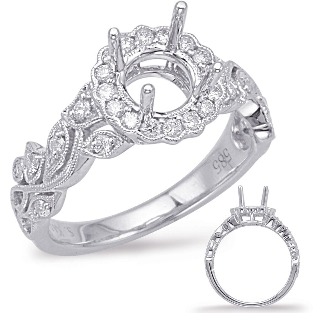 14KT White Gold Floral Diamond Halo Engagement Semi Mount Ring