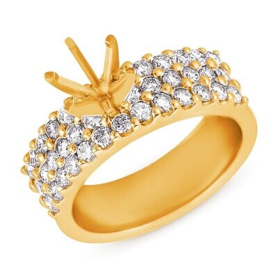 14KT Yellow Gold Triple Row Diamond Engagement Semi Mount Ring