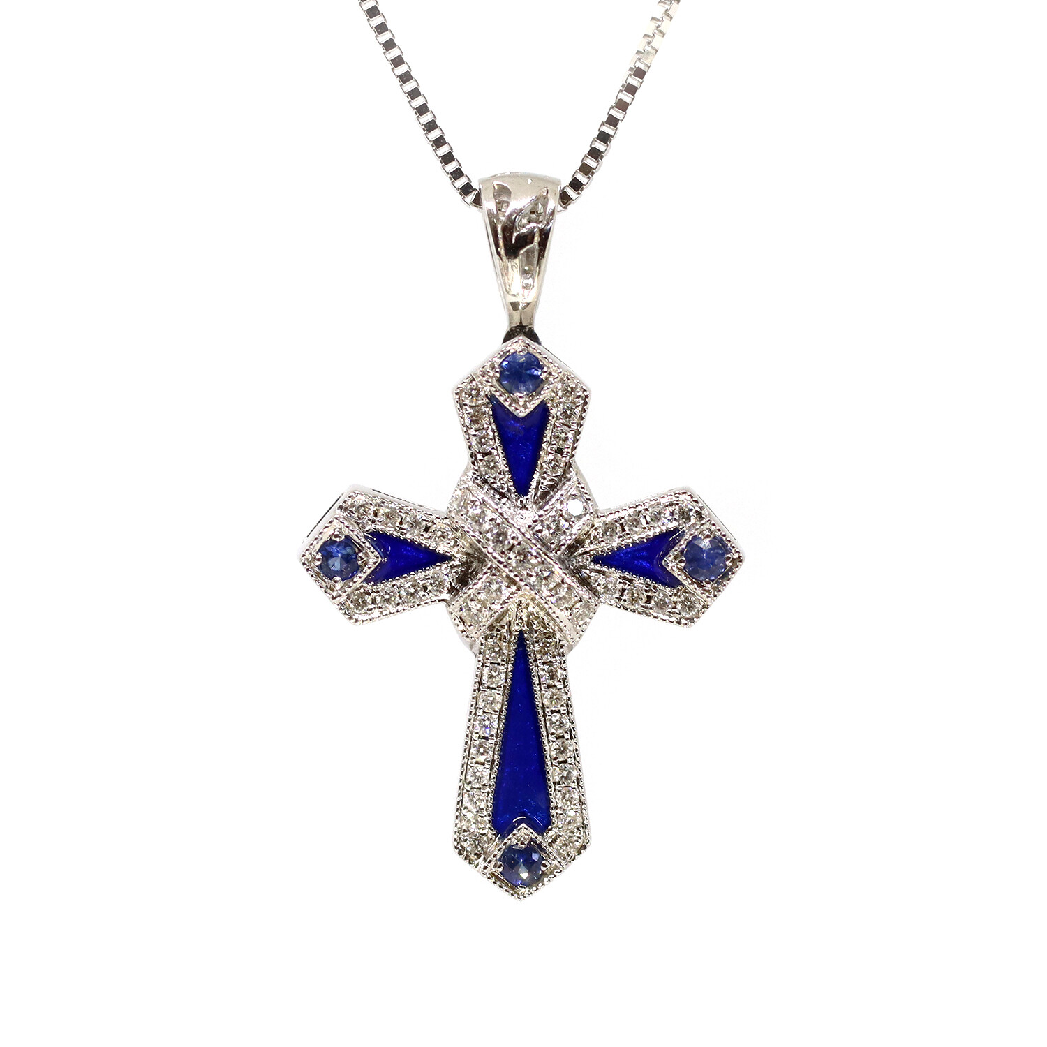 14KT White Gold Sapphire and Diamond Cross Necklace