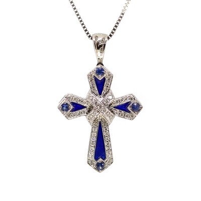 14KT White Gold Sapphire and Diamond Cross Necklace
