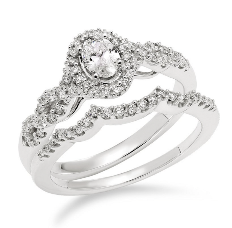 14KT White Gold Oval Diamond Twisted Halo Wedding Set