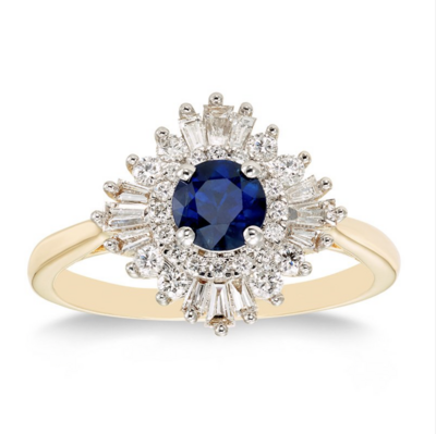 14KT Yellow Gold Round Sapphire and Diamond Halo Ring