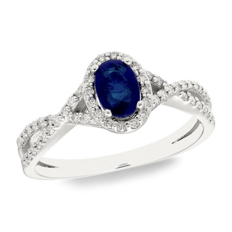 14KT White Gold Oval Sapphire Diamond Halo Ring