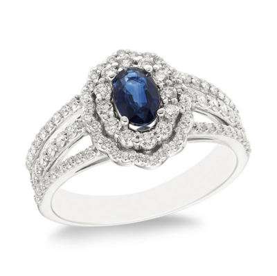 14KT White Gold Oval Sapphire Double Diamond Halo Ring
