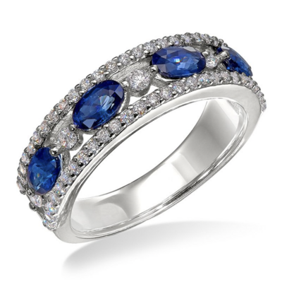 14KT White Gold Alternating Oval Sapphire and Round Diamond Ring