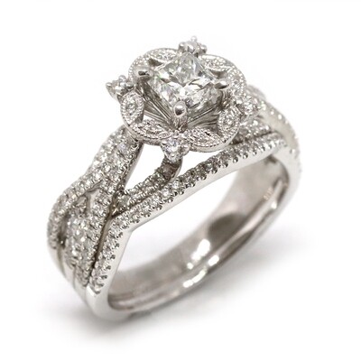 14KT White Gold Fancy Halo and Braided Diamond Wed Set