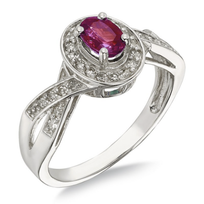 10KT White Gold Oval Ruby and Diamond Cross Shank Ring