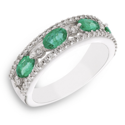14KT White Gold Oval Emerald and Round Diamond Ring