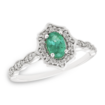 10KT White Gold Oval Emerald and Fancy Diamond Halo Ring