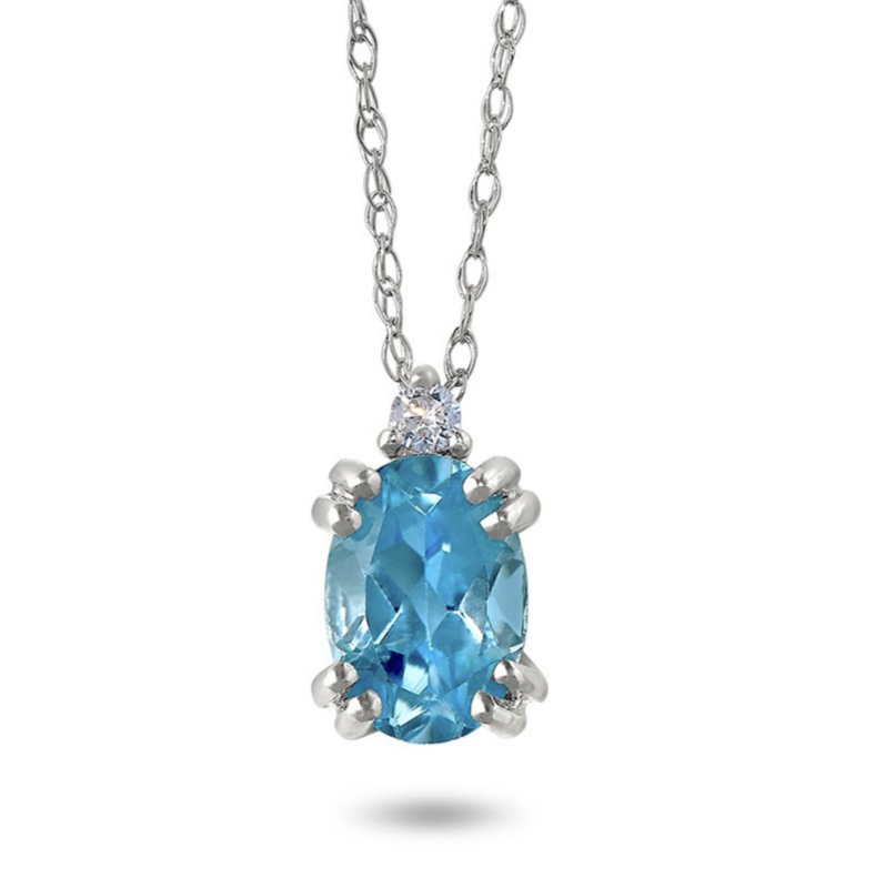 10KT White Gold Oval Blue Topaz and Diamond Accent Necklace