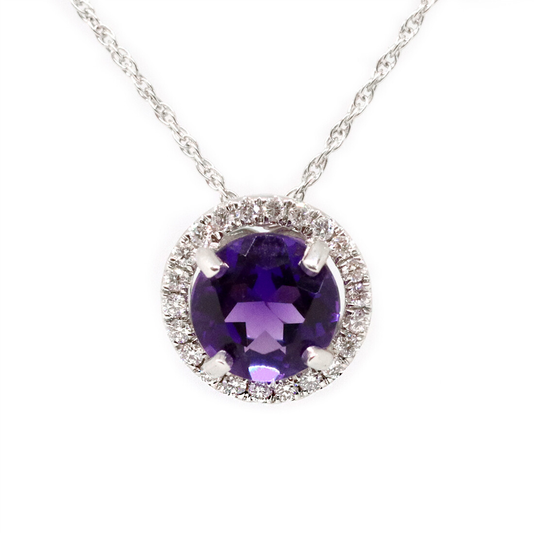 14KT White Gold Amethyst and Diamond Halo Pendant