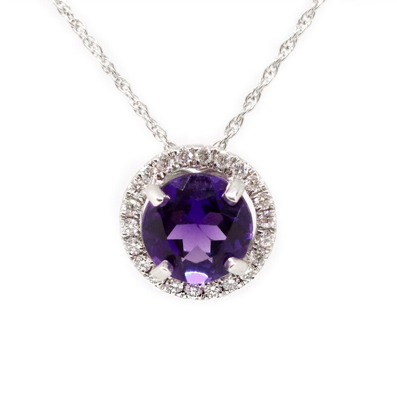 14KT White Gold Amethyst and Diamond Halo Pendant