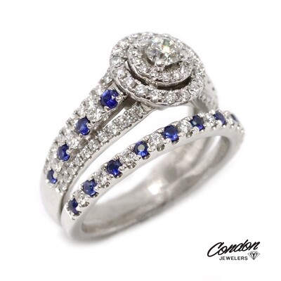 14KT White Gold Sapphire and Dual Diamond Halo Wed Set