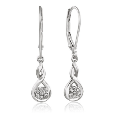 10KT White Gold Diamond Cluster Twist Dangle Earrings