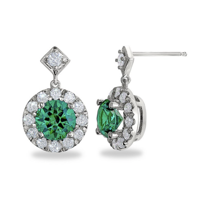 Silver Synthetic Emerald and Cubic Zirconium Halo Earrings