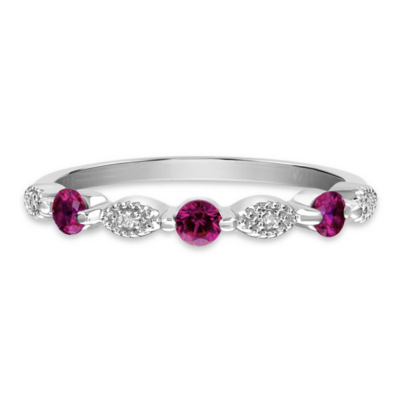 Silver Simulated Ruby and Diamond Stackable Band