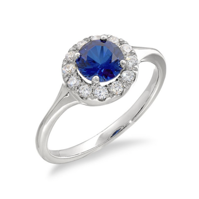 Silver Simulated Sapphire and Cubic Zirconium Halo Ring